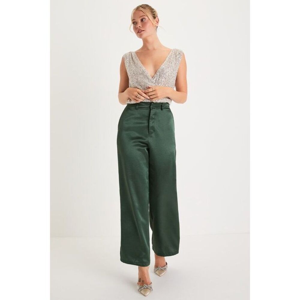 Lulus Sleek Statement Emerald Green Satin High Rise Wide-leg Trousers - Size L
